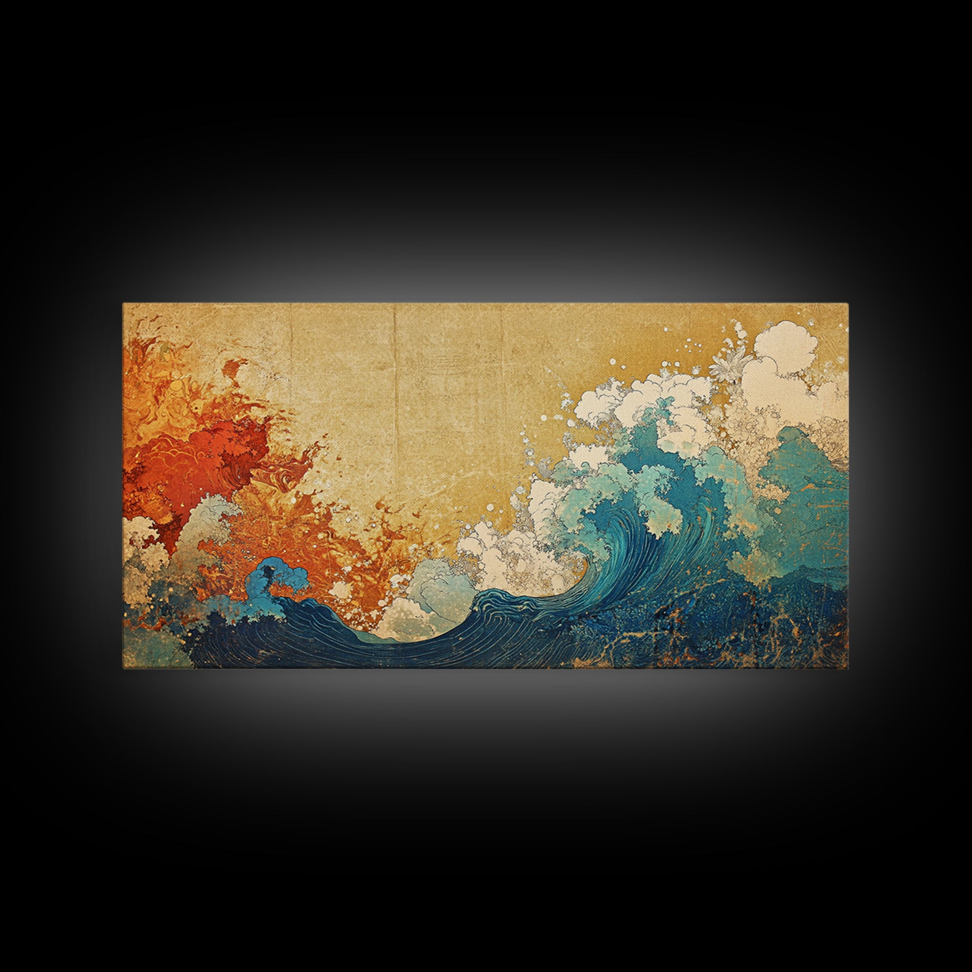 Fiery Orange And Blue Japanese Wave Canvas Print, Ocean Wall Art, Abstract Seascape For Coastal Home Decor And Living Room Decor