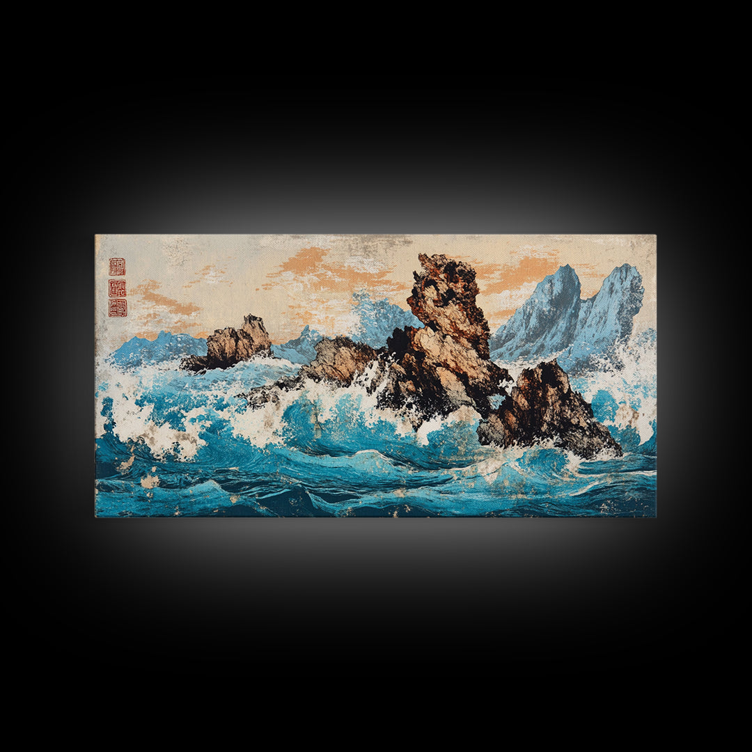 Rocky Blue Ocean Cliffs In Japanese Style Framed Canvas Print, Seascape Wall Art For Coastal Decor And Nautical Home Decor