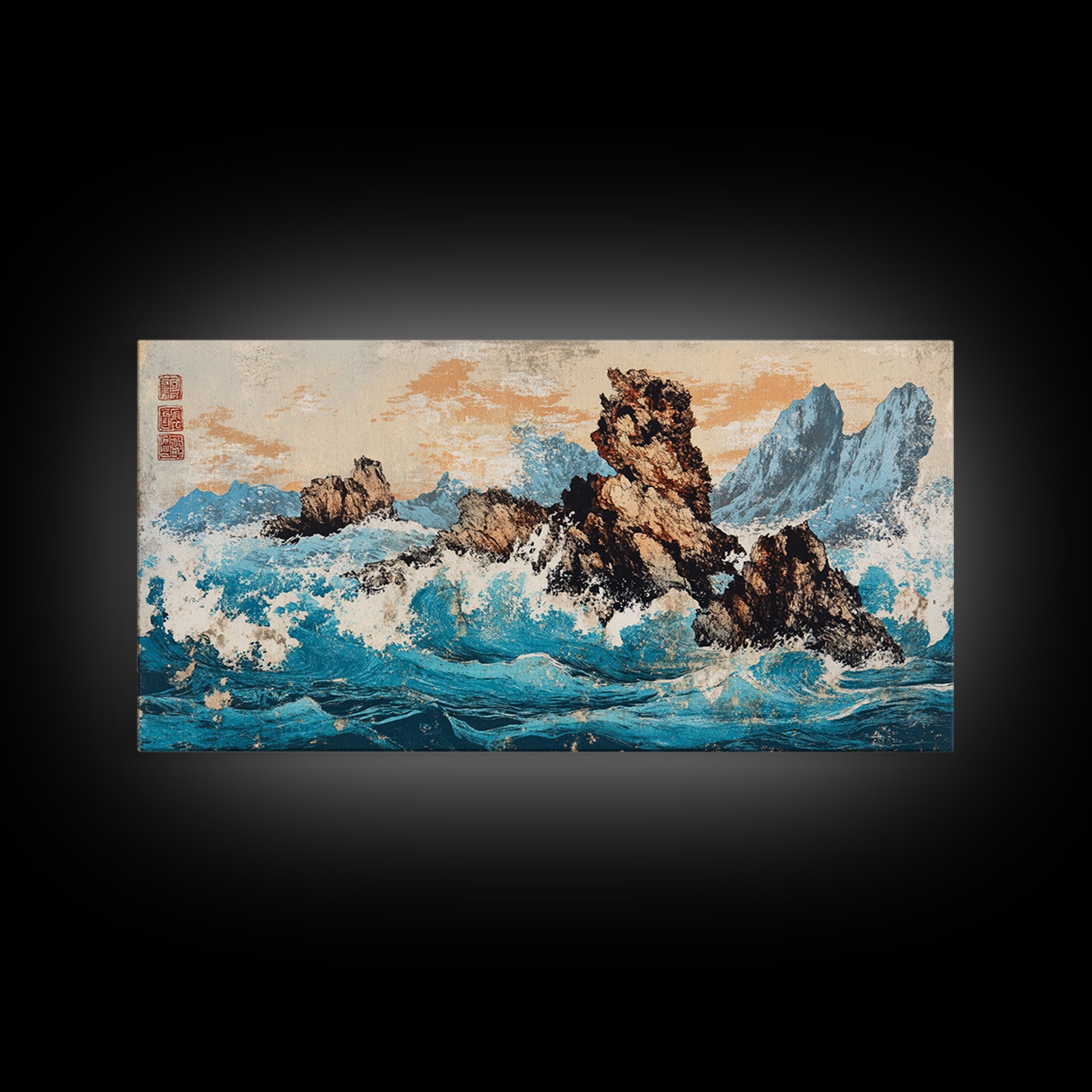 Rocky Blue Ocean Cliffs In Japanese Style Framed Canvas Print, Seascape Wall Art For Coastal Decor And Nautical Home Decor