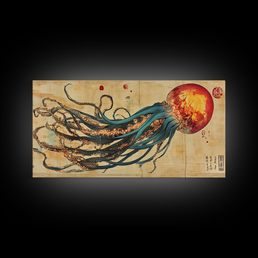 Giant Squid With Red Sun Japanese Wall Art, Octopus Canvas Print For Marine Life Decor, Coastal Statement Artwork For Living Room Decor