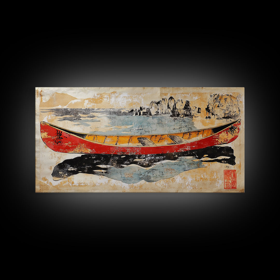 Red And Yellow Canoe On Rugged Shore Framed Canvas Print, Nautical Wall Art For Lake House Decor And Coastal Home Decor Art