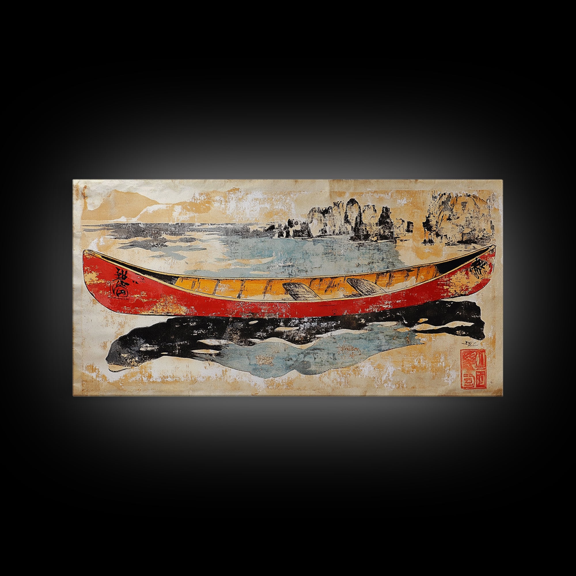 Red And Yellow Canoe On Rugged Shore Framed Canvas Print, Nautical Wall Art For Lake House Decor And Coastal Home Decor Art