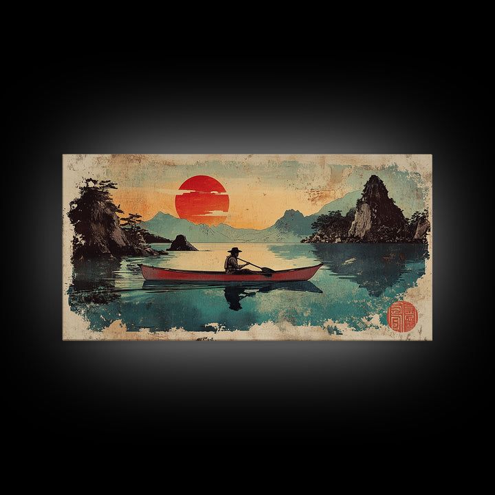 Fisherman Rowboat On Misty Mountain Lake Wall Art, Japanese Landscape Canvas Print For Zen Home Decor And Living Room Decor
