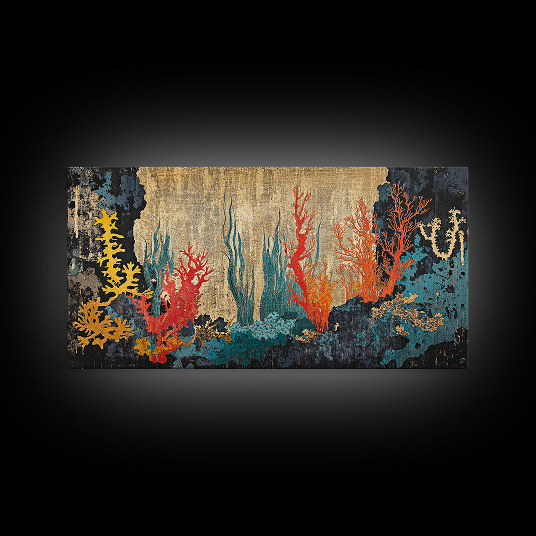 Vibrant Coral Reef Underwater Scene Framed Canvas Print, Ocean Wall Art For Coastal Decor, Marine Life And Beach House Decor