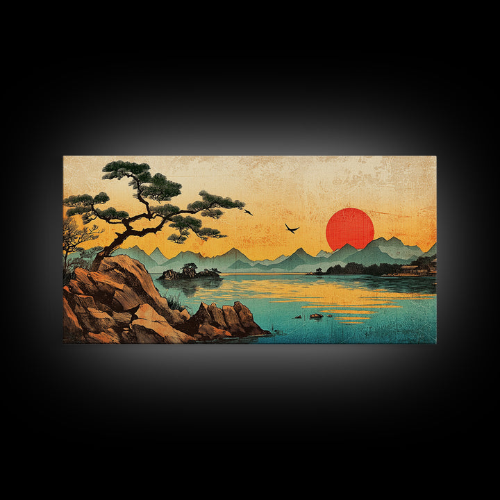 Pine Tree Sunset Over Mountain Lake Wall Art, Japanese Landscape Canvas Print For Zen Decor And Coastal Living Room Decor