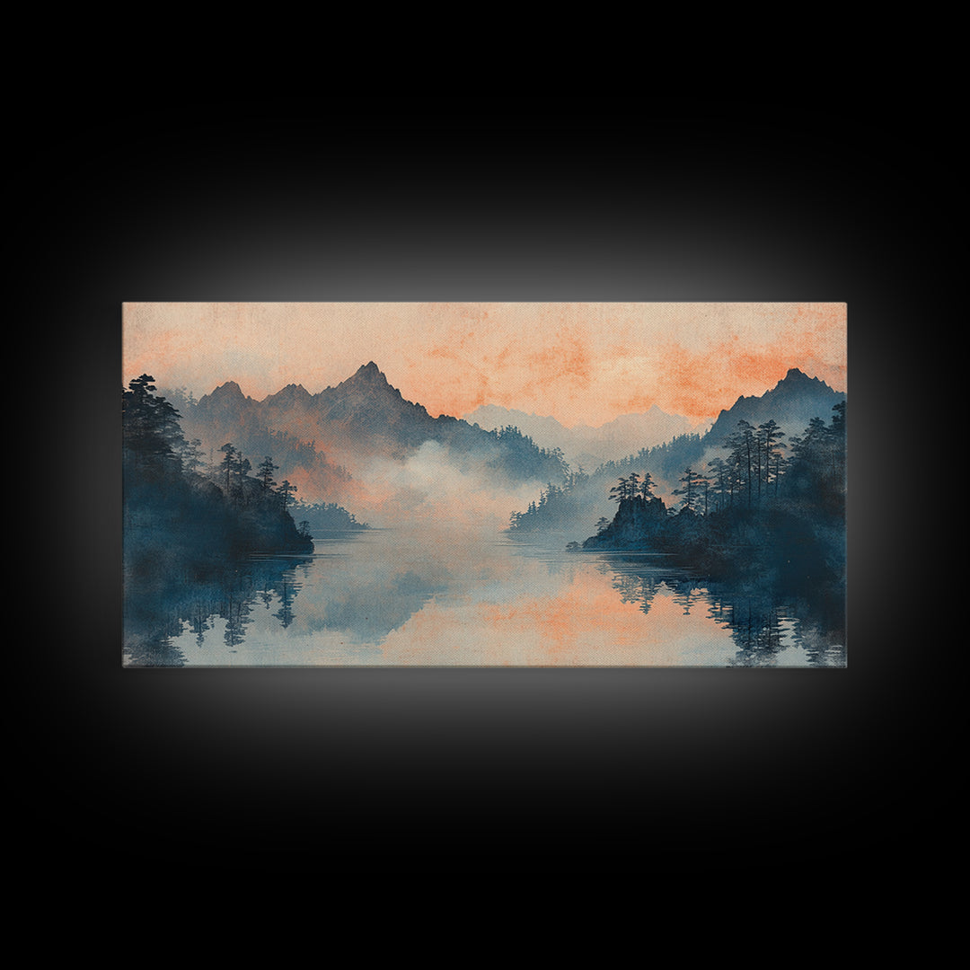 Misty Mountain Lake Sunrise Wall Art, Japanese Landscape Art Print, Serene Nature Decor, Large Horizontal Living Room Decor