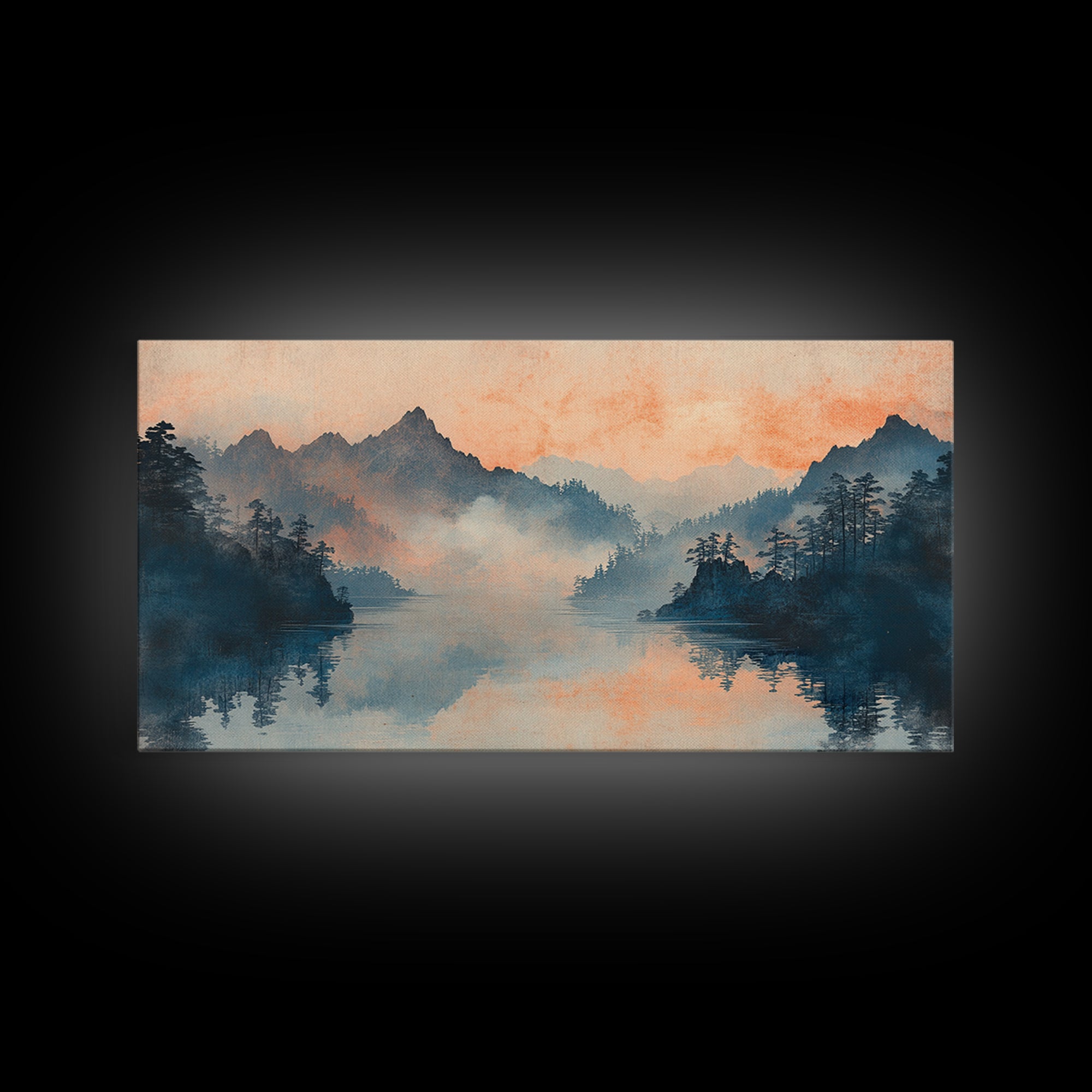 Misty Mountain Lake Sunrise Wall Art, Japanese Landscape Art Print, Serene Nature Decor, Large Horizontal Living Room Decor