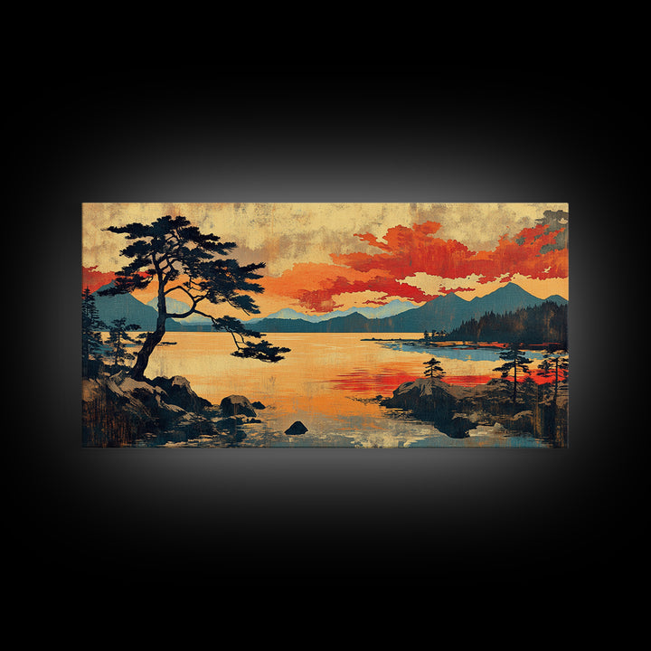 Orange Sunset Pine Lake Wall Art, Japanese Woodblock Landscape Print, Rustic Cabin Decor, Large Nature Art For Living Room