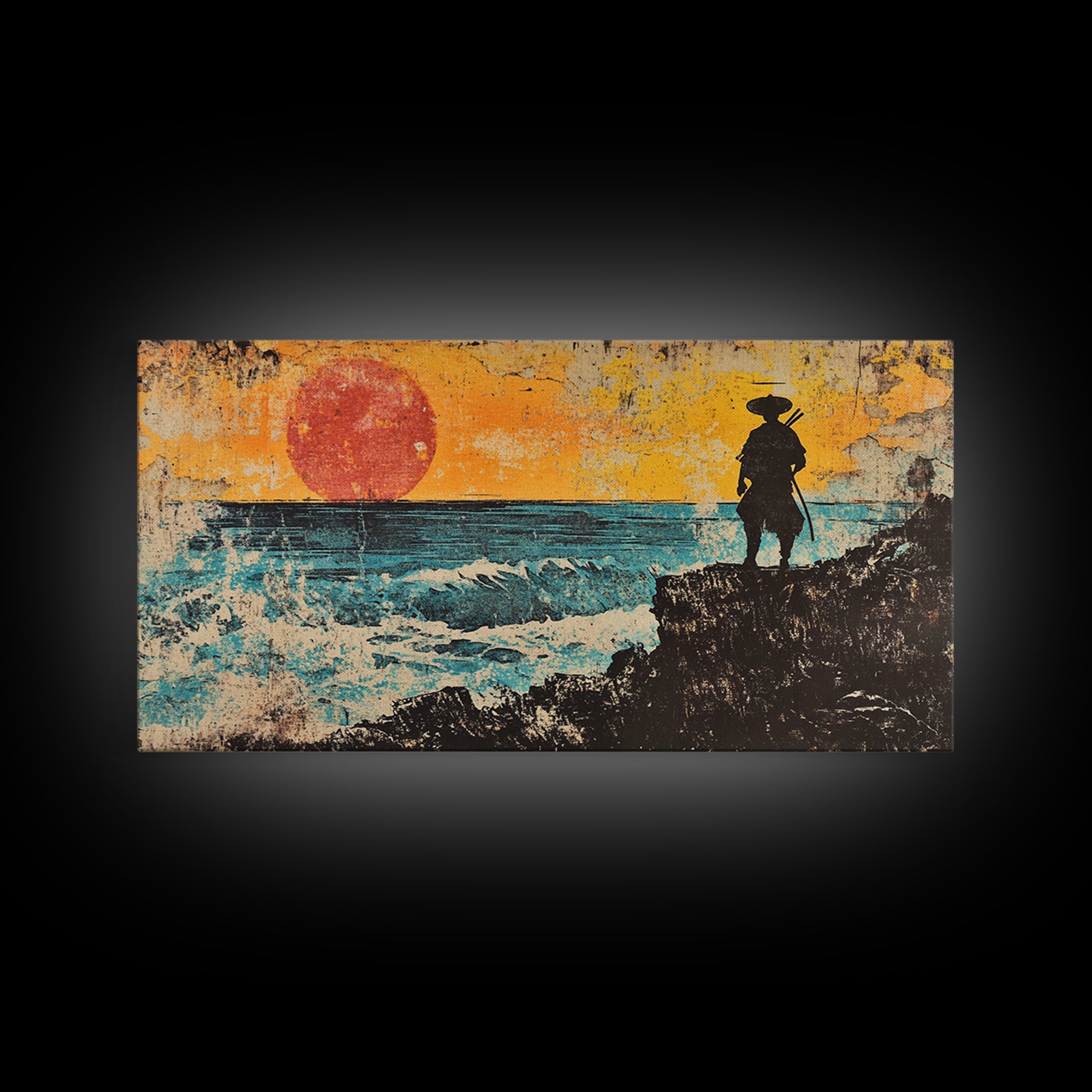 Samurai Ocean Sunset Framed Canvas Print, Japanese Warrior Wall Art, Coastal Seascape Decor, Bold Gift For Him, Man Cave Decor