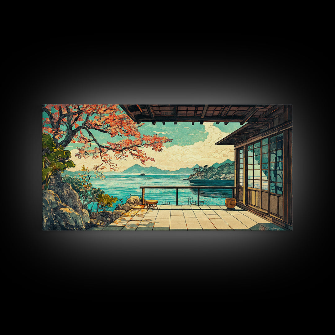 Japanese Seaside Veranda Canvas Print, Turquoise Ocean Wall Art, Zen Coastal Home Decor, Japandi Living Room Wall Decor Art
