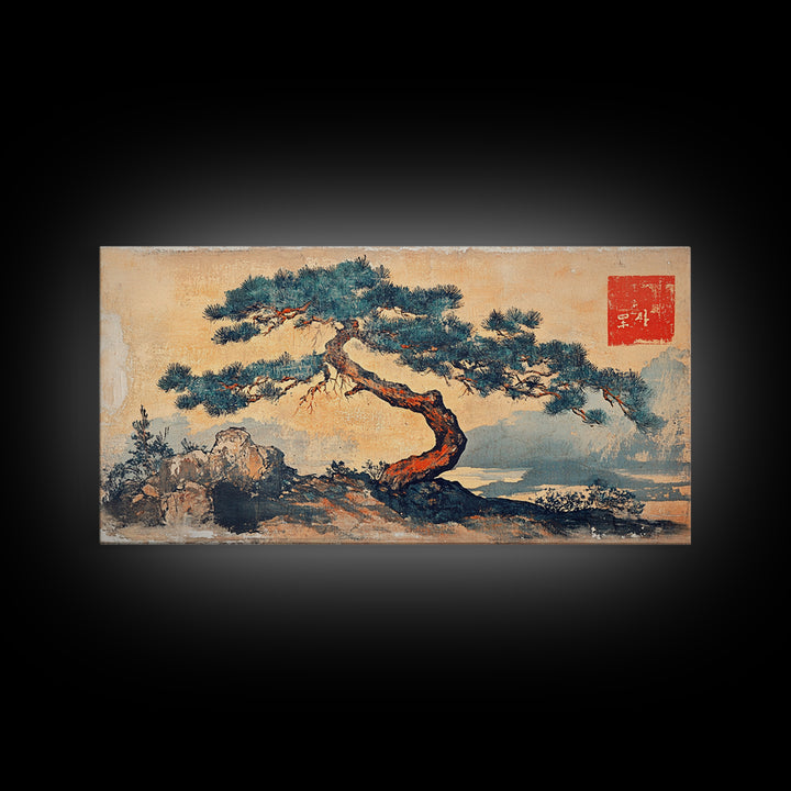 Windswept Pine Tree Wall Art, Japanese Ink Landscape Print, Zen Nature Decor, Minimalist Coastal Framed Canvas Print, Serene Home Decor