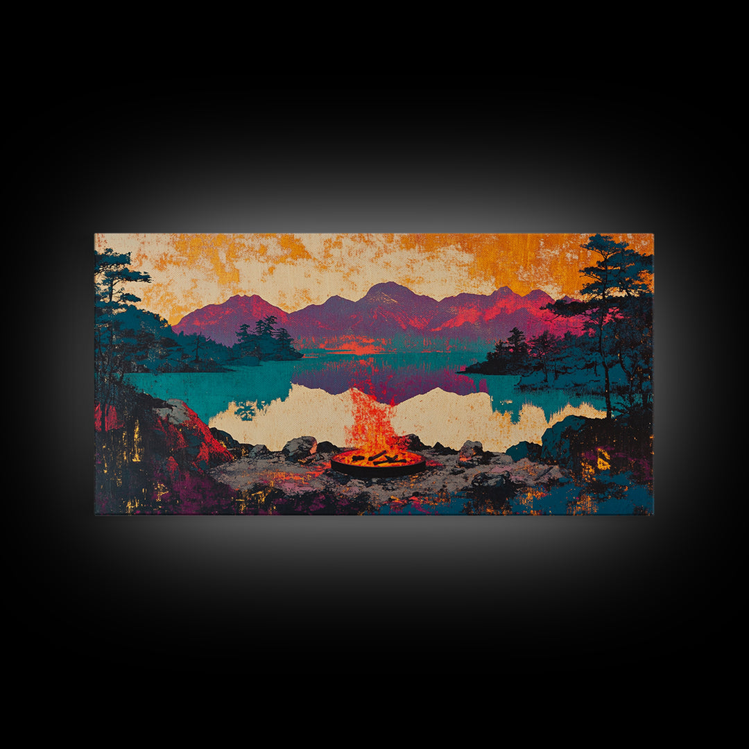 Campfire Mountain Lake Canvas Print, Rustic Cabin Wall Art, Moody Landscape Decor, Camping Gift For Him, Living Room Art