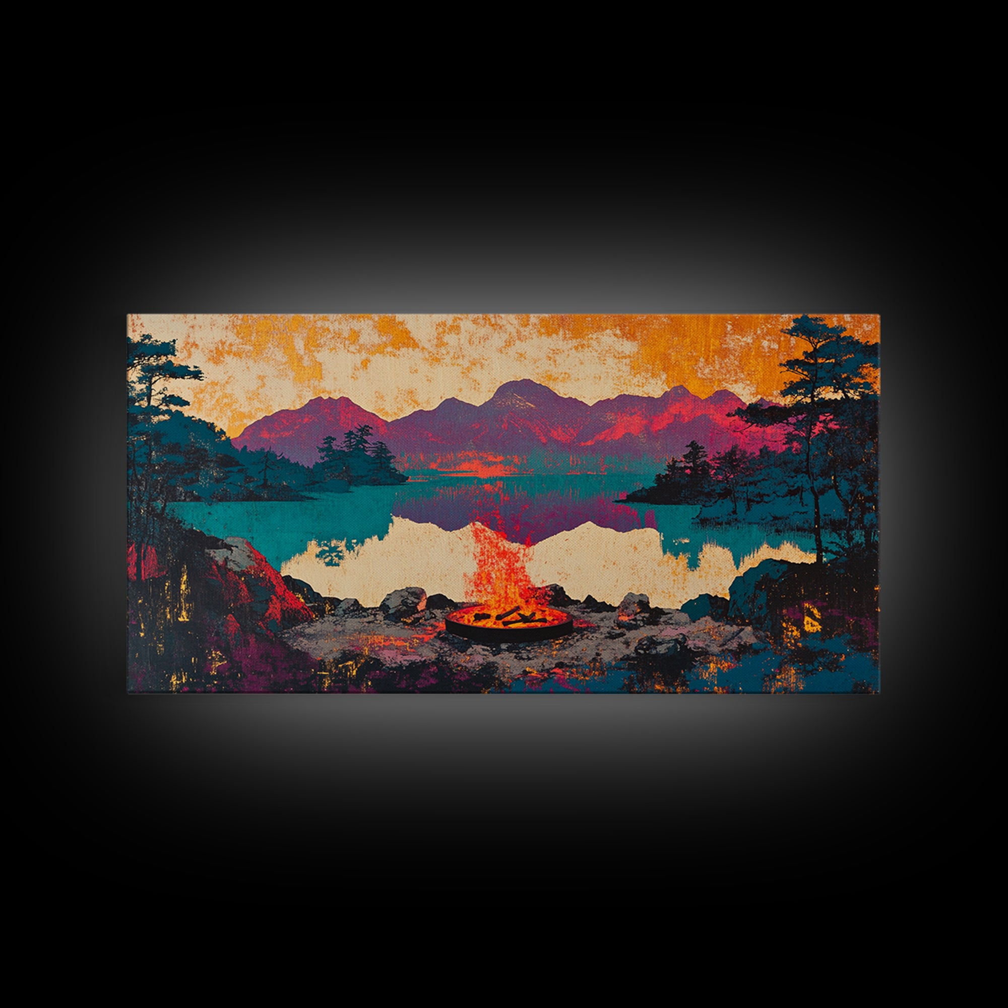 Campfire Mountain Lake Canvas Print, Rustic Cabin Wall Art, Moody Landscape Decor, Camping Gift For Him, Living Room Art