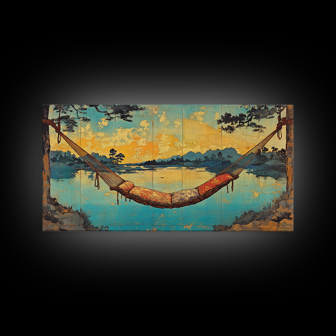 Lakeside Hammock Sunset Wall Art, Cozy Cabin Landscape Print, Relaxing Nature Decor, Large Horizontal Canvas Print, Lake House Decor