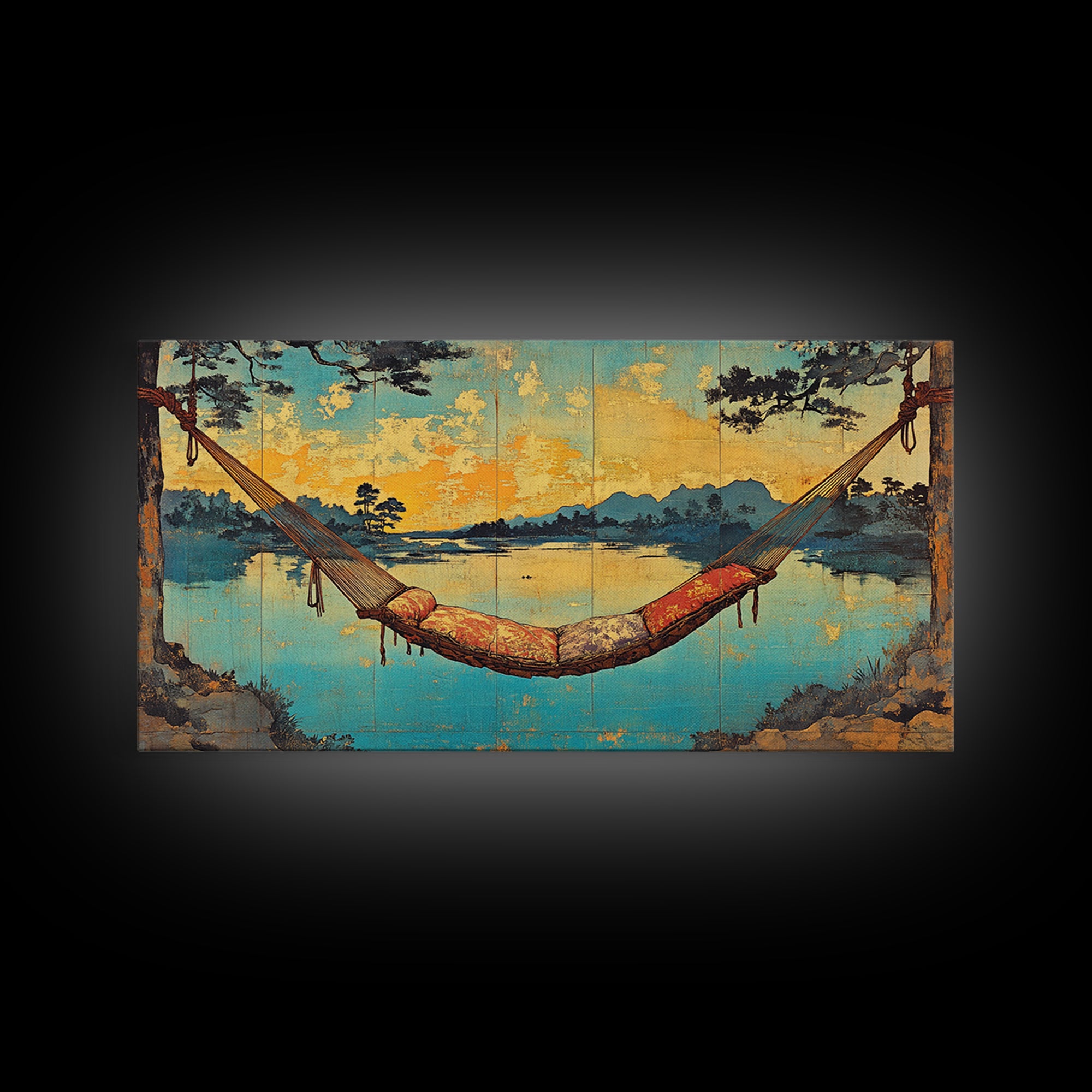 Lakeside Hammock Sunset Wall Art, Cozy Cabin Landscape Print, Relaxing Nature Decor, Large Horizontal Canvas Print, Lake House Decor