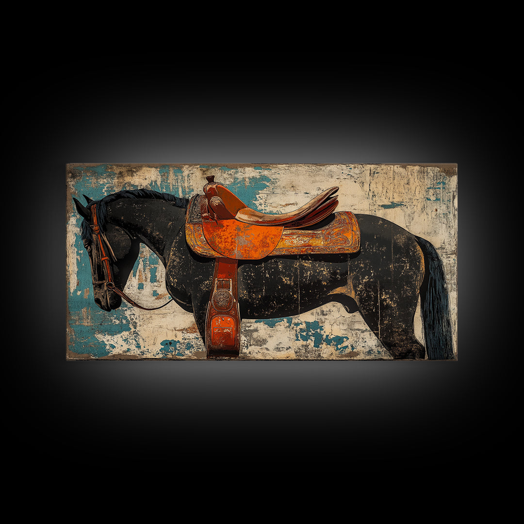 Black Horse With Orange Western Saddle Wall Art, Rustic Ranch Decor, Equestrian Art Print, Cowboy Living Room Decor Gift
