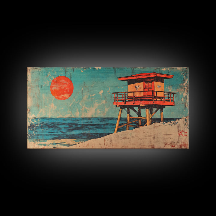 Red Lifeguard Tower Beside Blue Ocean Canvas Print, Coastal Wall Art, Beach House Decor, Retro Travel Poster Print For Home