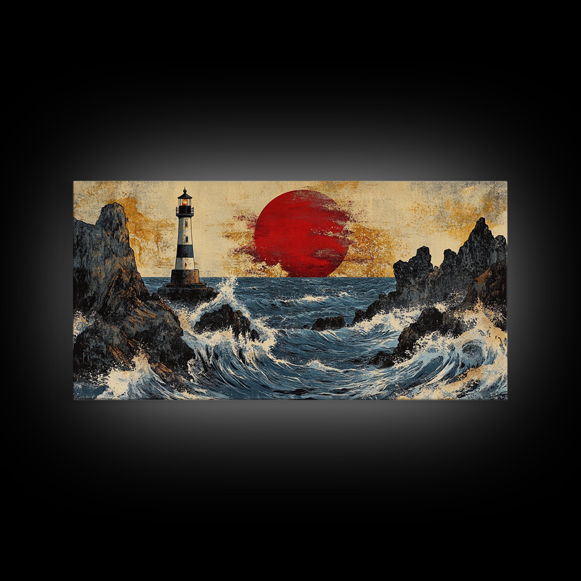 Rocky Lighthouse Sunset With Dramatic Waves Wall Art, Coastal Seascape, Nautical Decor, Large Framed Canvas Print For Living Room