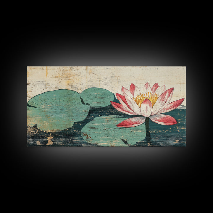 Pink Lotus Blossom And Lily Pads Canvas Print, Zen Wall Art, Botanical Wall Decor, Japandi Bathroom Art, Spa Decor Print