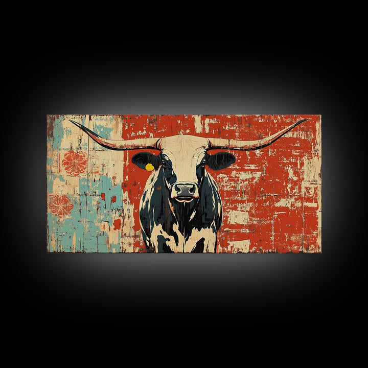 Black And White Longhorn Cow Framed Canvas Print, Rustic Western Wall Art, Farmhouse Ranch Decor, Cowgirl Home Decor Gift
