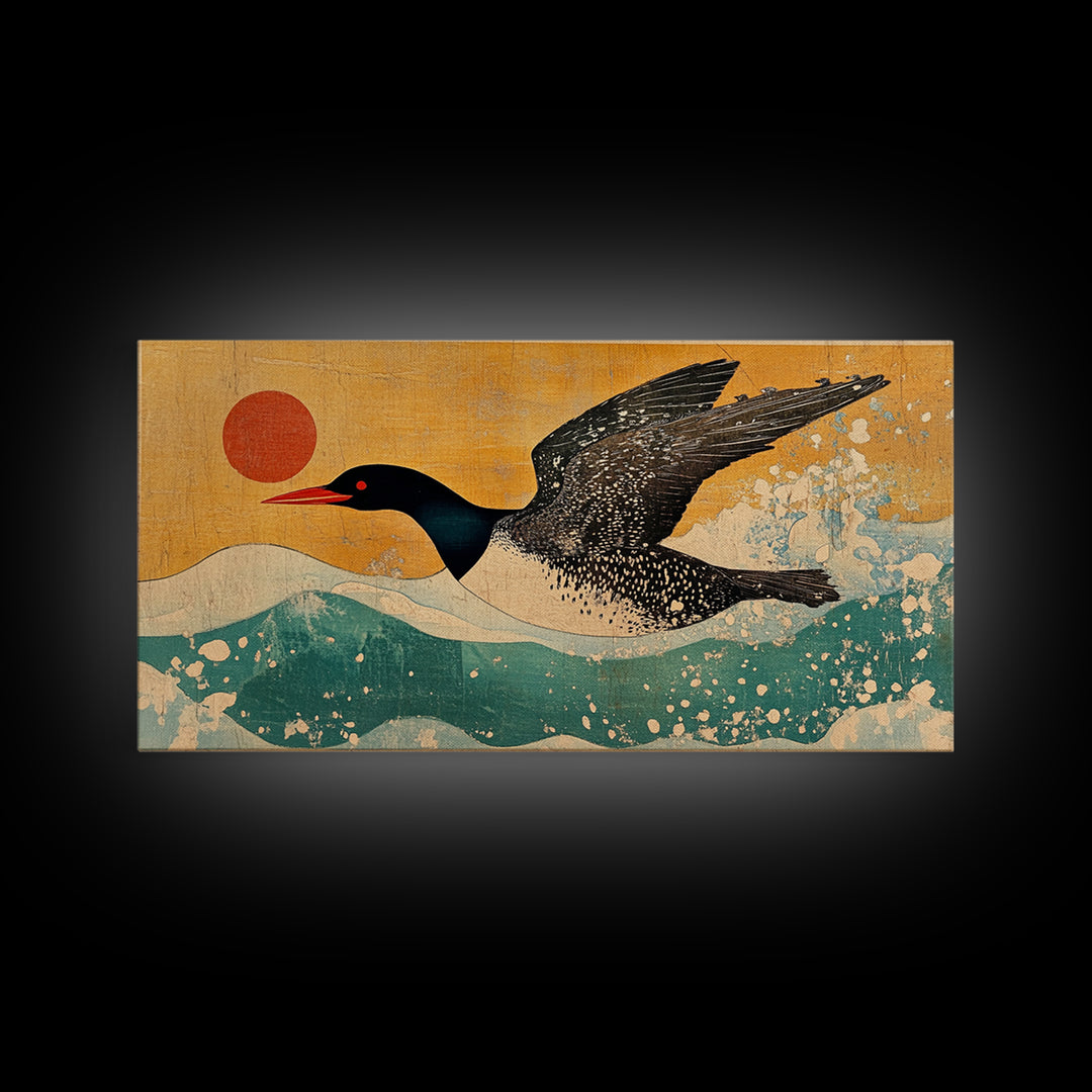 Black Loon Bird Canvas Print, Japanese Coastal Wall Art, Lake House Decor, Nautical Wildlife Art Print For Bird Lovers Gift