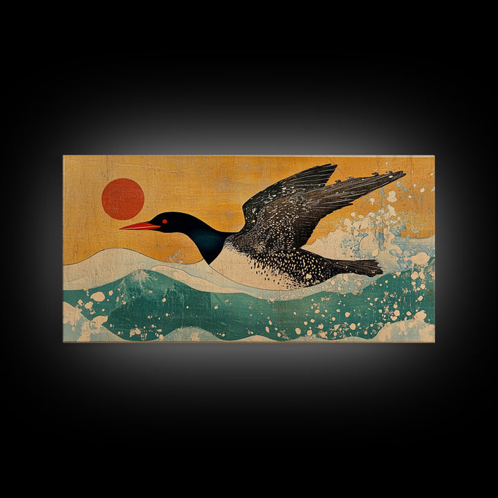 Black Loon Bird Canvas Print, Japanese Coastal Wall Art, Lake House Decor, Nautical Wildlife Art Print For Bird Lovers Gift