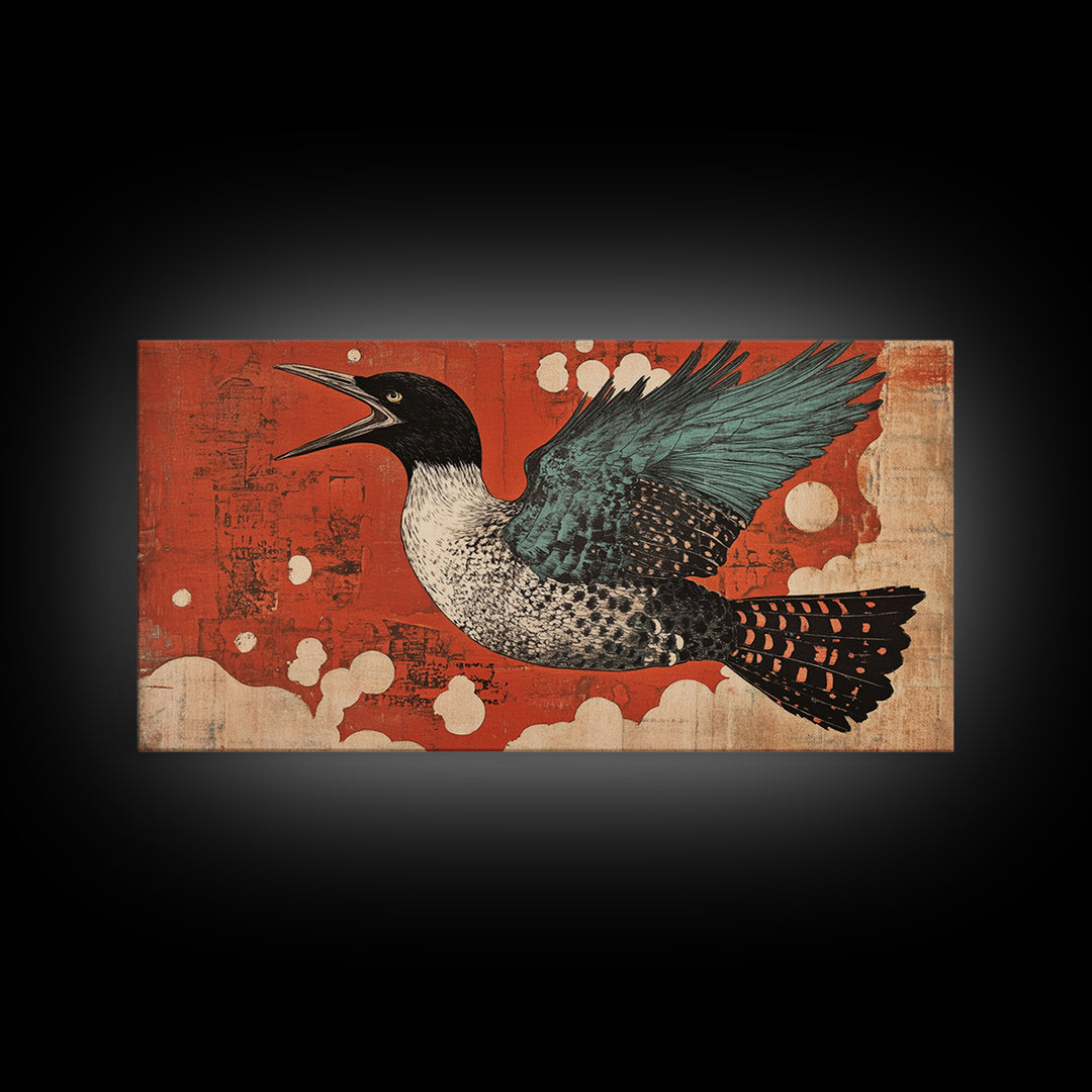 Speckled Sea Bird Framed Canvas Print, Japanese Wildlife Wall Art, Rustic Coastal Decor, Teal Wings Red Sky Print For Home Decor