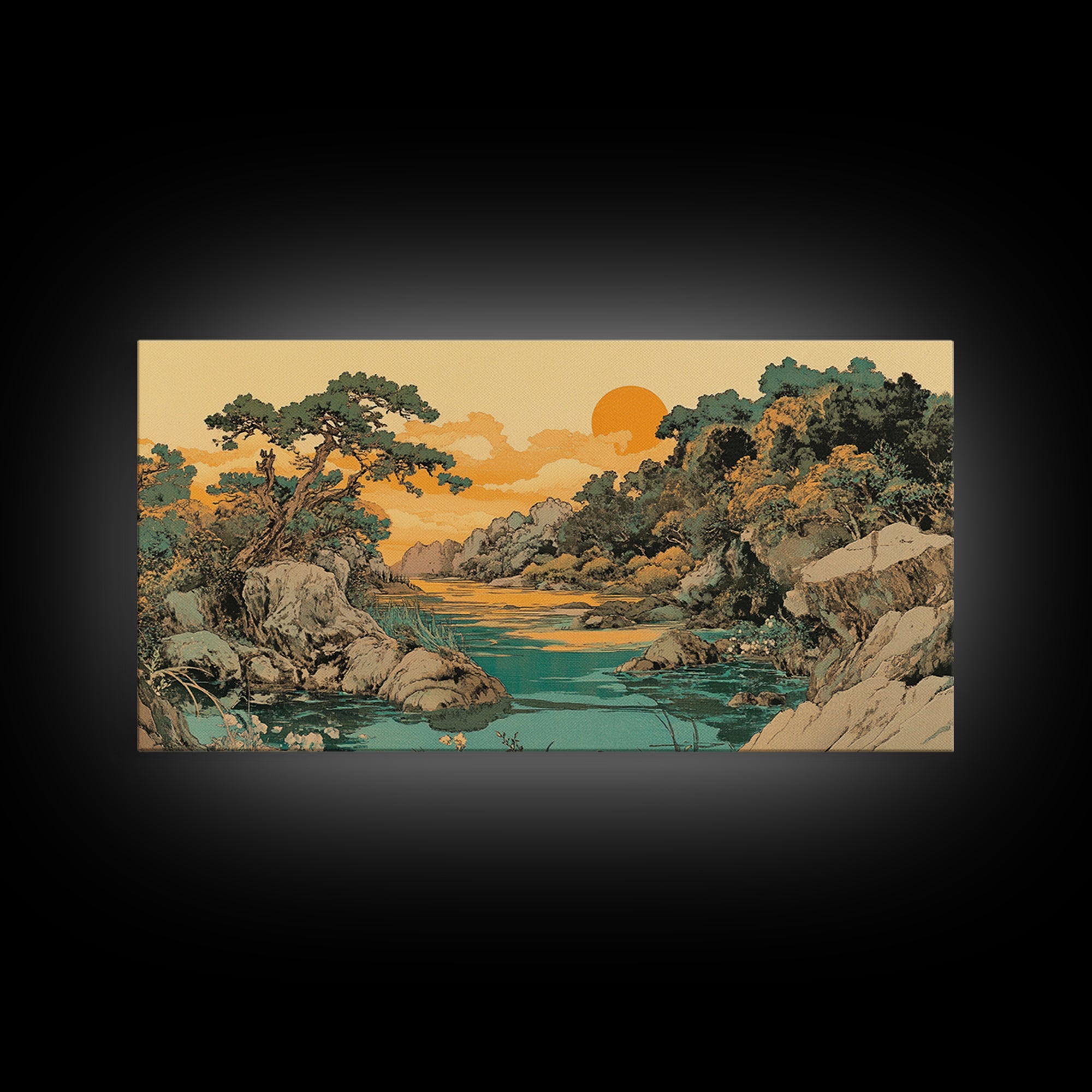 Golden River Valley Landscape Wall Art, Japanese Mountain Canvas Print, Serene Nature Decor, Japandi Living Room Art Gift