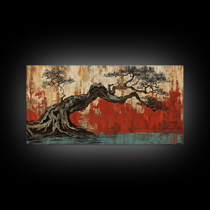 Twisted Bonsai Tree Framed Canvas Print, Japanese Wabi Sabi Wall Art, Rustic Nature Decor, Zen Living Room Statement Art