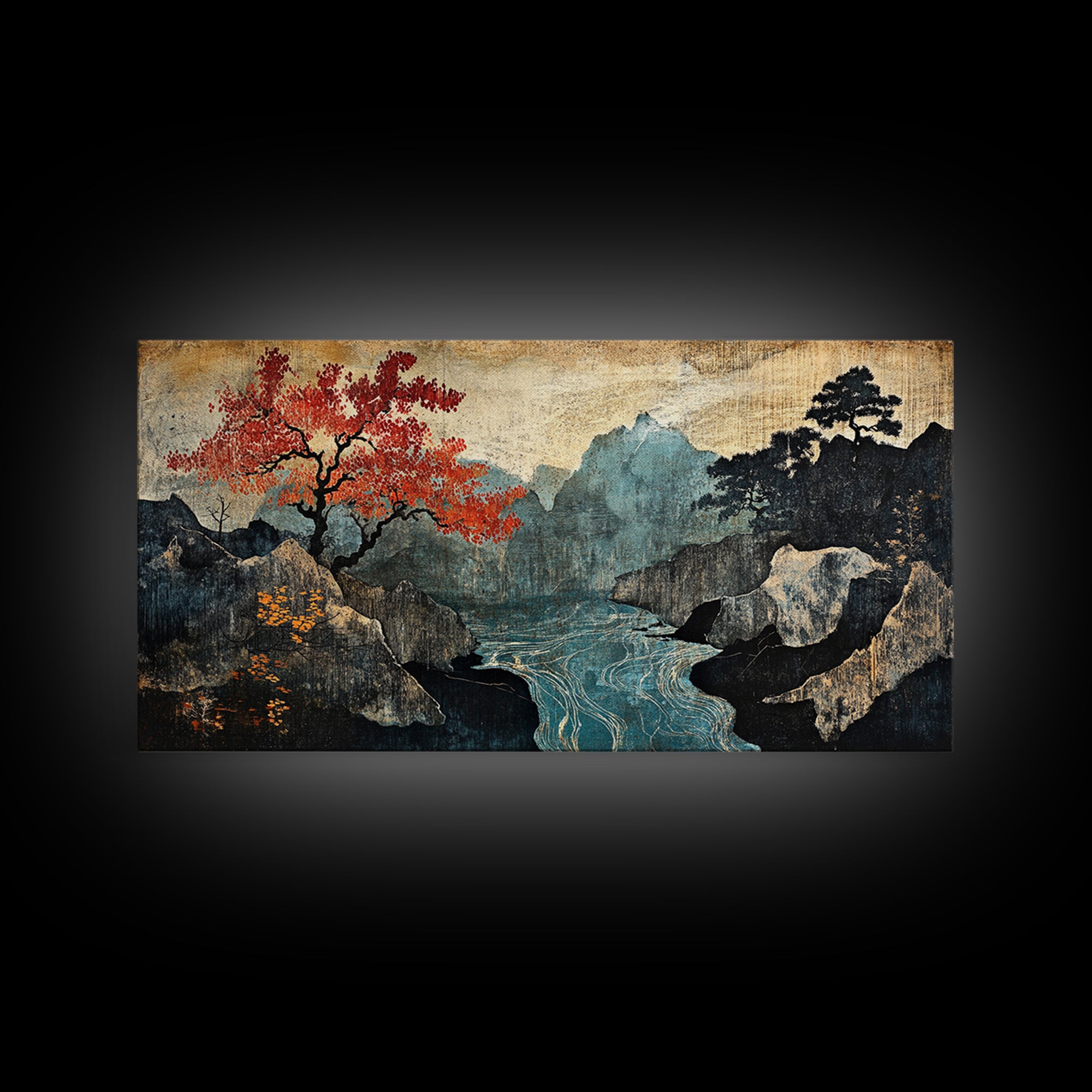Autumn Mountain Lake Framed Canvas Print, Japanese Landscape Wall Art, Moody Nature Decor, Red Tree Japandi Wall Decor Gift