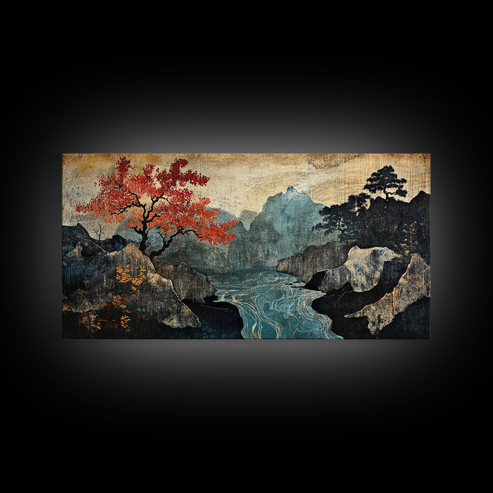 Autumn Mountain Lake Framed Canvas Print, Japanese Landscape Wall Art, Moody Nature Decor, Red Tree Japandi Wall Decor Gift