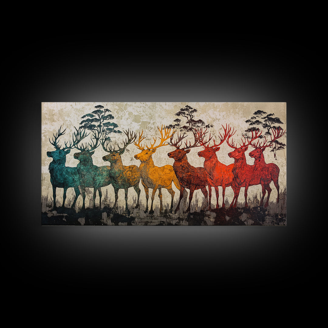 Rainbow Deer Silhouettes In Misty Pines Wall Art, Japanese Wildlife Canvas Print, Rustic Nature Decor, Large Living Room Art