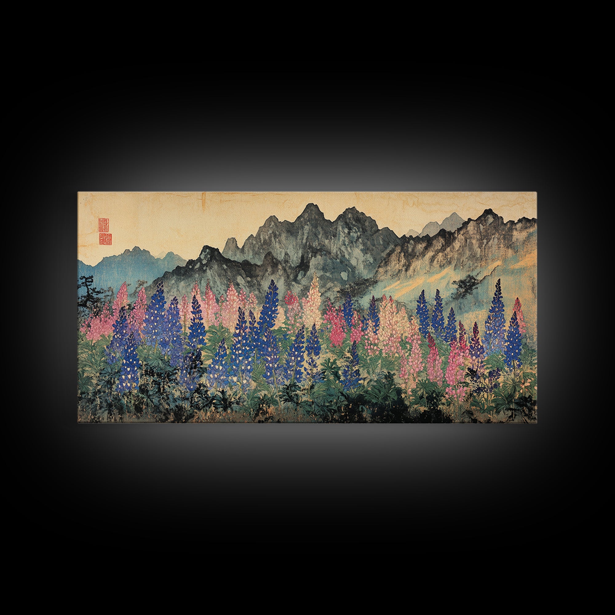 Colorful Lupine Meadow Below Ink Mountains Wall Art, Japanese Landscape Print, Botanical Home Decor, Large Living Room Wall Art