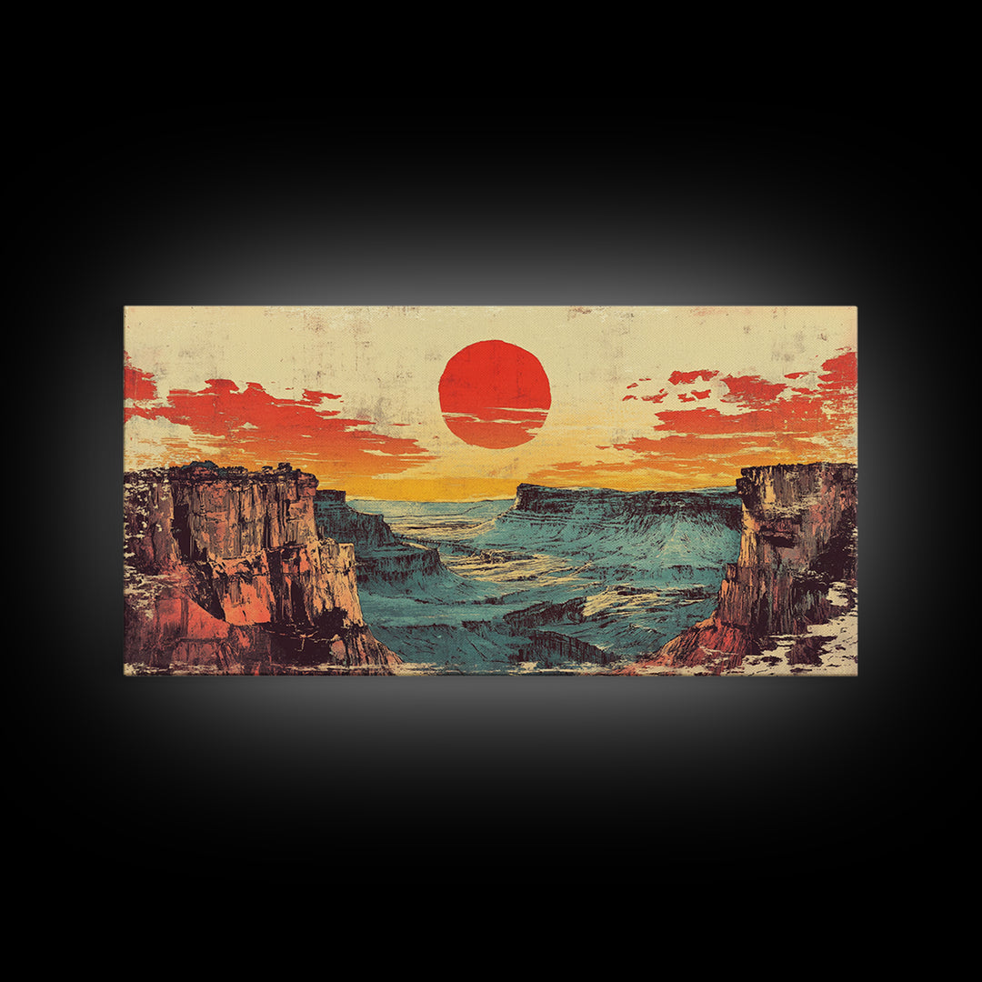 Red Sun Desert Canyon At Dusk Wall Art, Southwestern Landscape Canvas Print, Western Decor, Large Horizontal Living Room Art