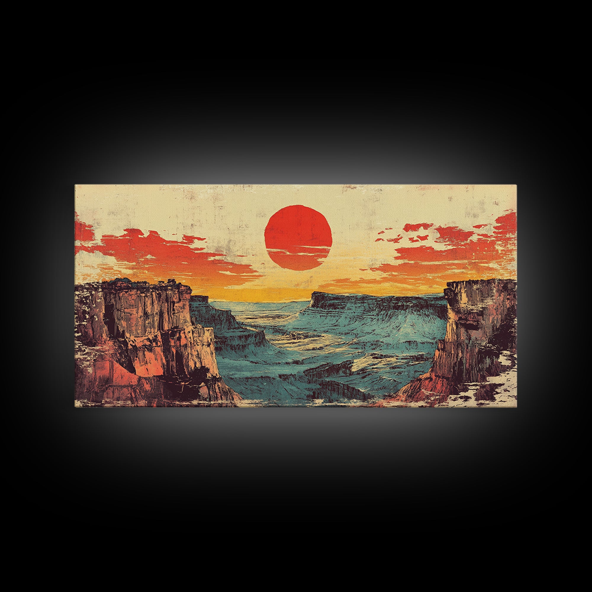 Red Sun Desert Canyon At Dusk Wall Art, Southwestern Landscape Canvas Print, Western Decor, Large Horizontal Living Room Art