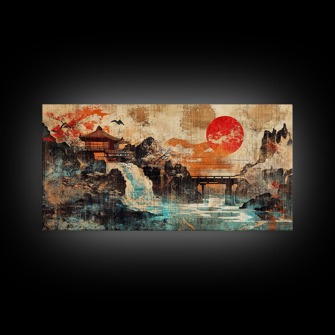 Red Sun Temple Waterfall Over Mountain Lake Wall Art, Japanese Landscape Canvas Print, Asian Zen Decor, Large Living Room Art