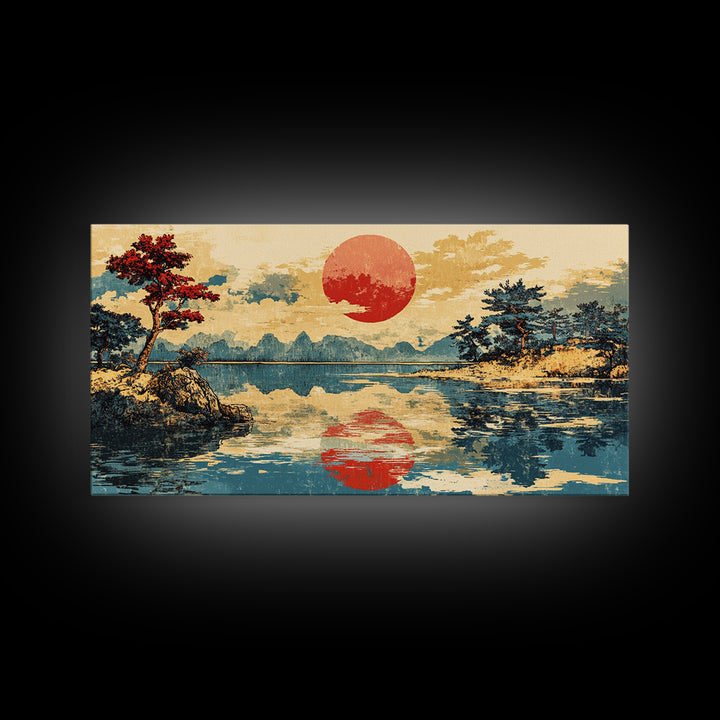 Red Sun Reflected On Serene Mountain Lake Wall Art, Japanese Landscape Canvas Print, Coastal Zen Decor, Large Living Room Art