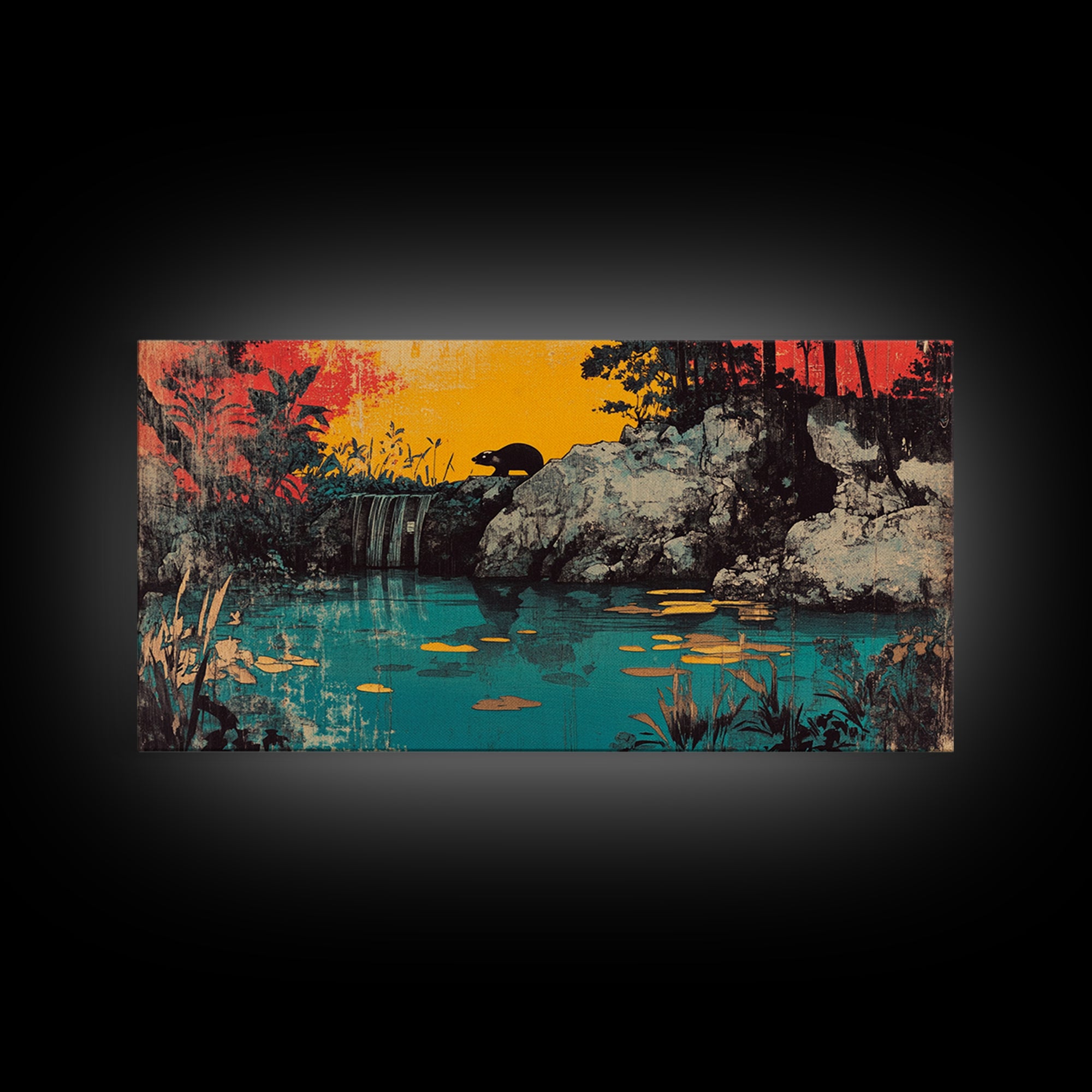 Turquoise Jungle Waterfall At Sunset Wall Art, Tropical Landscape Canvas Print, Nature Decor, Large Horizontal Living Room Art