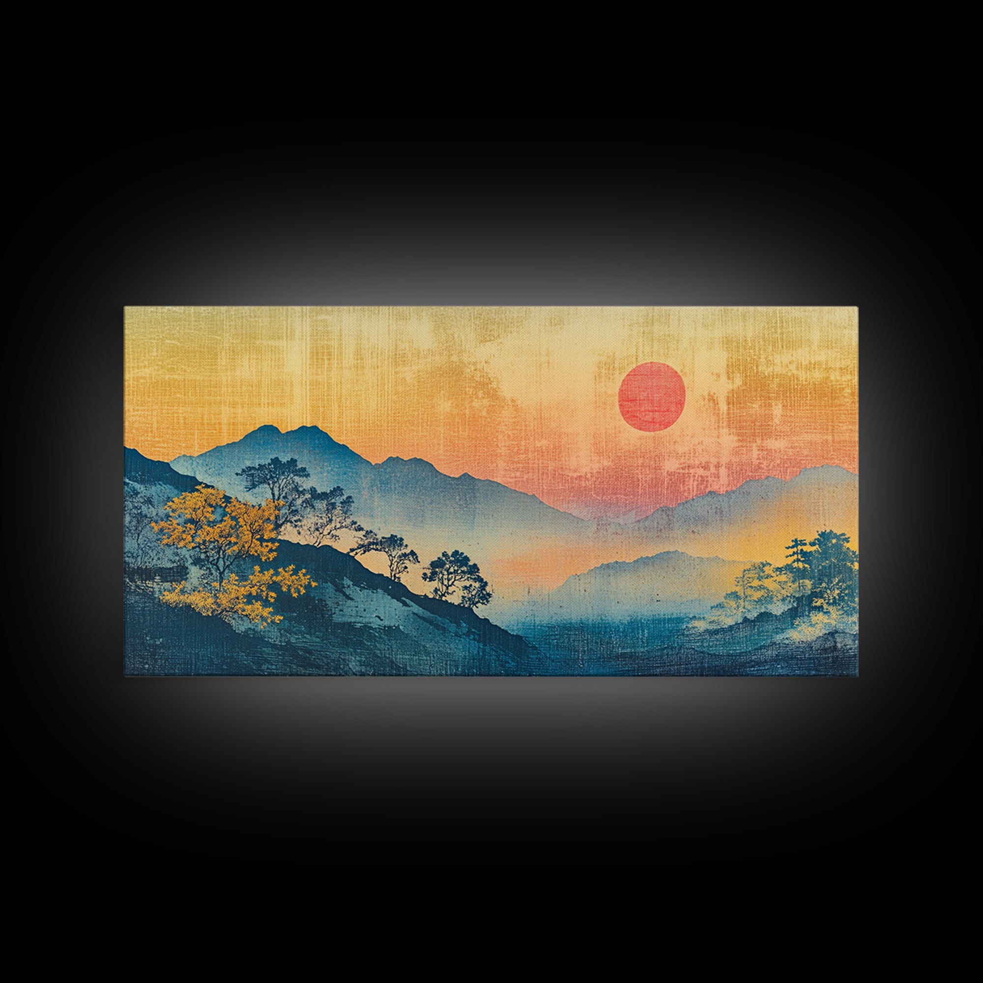 Misty Blue Mountains With Pink Sun Wall Art, Japanese Landscape Canvas Print, Minimalist Nature Decor, Large Bedroom Art