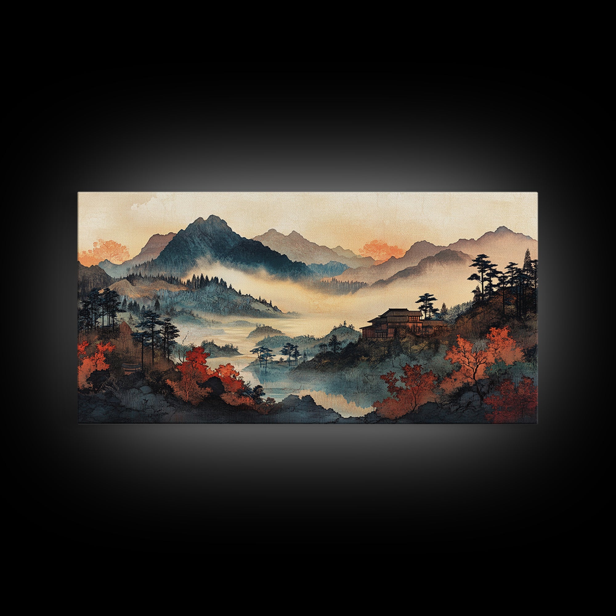 Misty Autumn Mountain Village Wall Art, Japanese Landscape Canvas Print, Moody Nature Home Decor, Large Living Room Wall Art