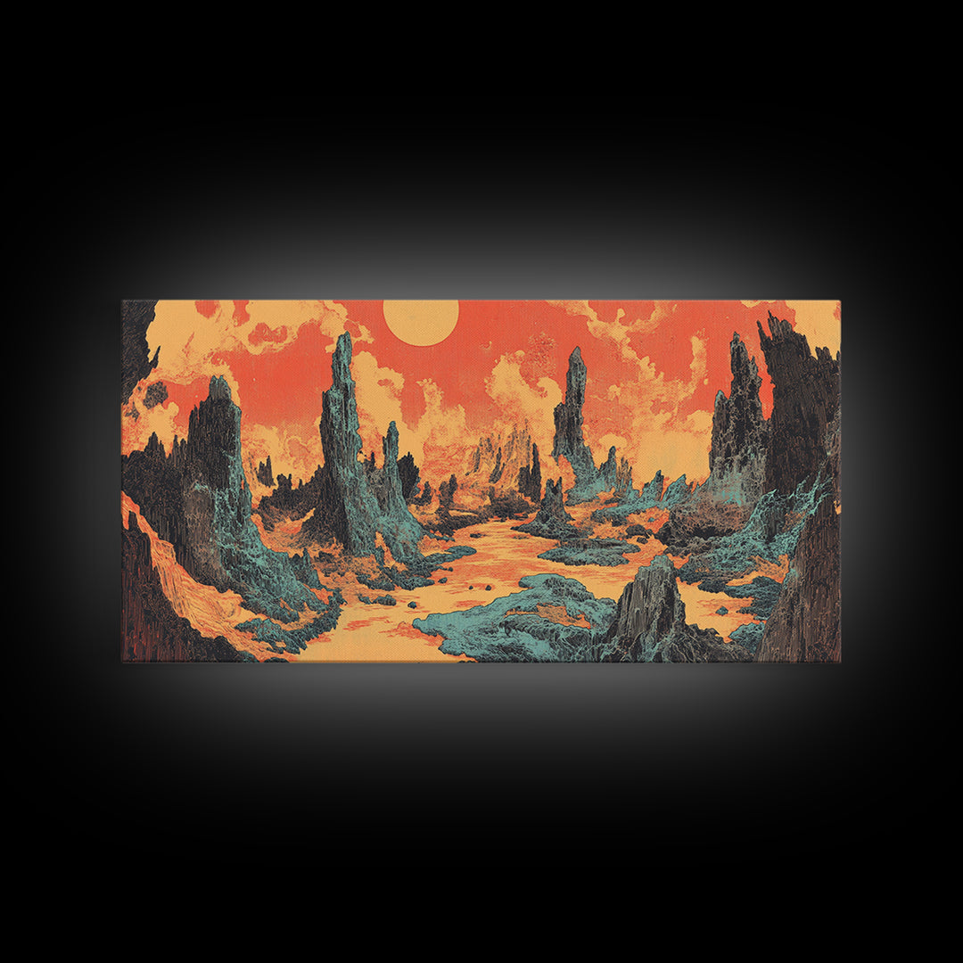 Alien Desert Spires Surreal Landscape Canvas Print, Sci Fi Wall Art, Retro Futuristic Decor, Gaming Room Poster Gift For Him