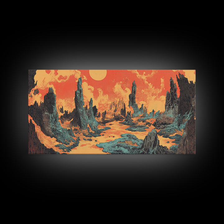 Alien Desert Spires Surreal Landscape Canvas Print, Sci Fi Wall Art, Retro Futuristic Decor, Gaming Room Poster Gift For Him