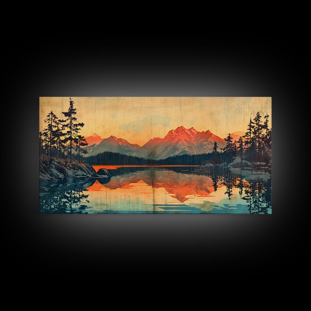 Sunset Alpine Lake Reflection Wall Art, Mountain Landscape Canvas Print, Rustic Cabin Decor, Large Living Room Art Gift For Him