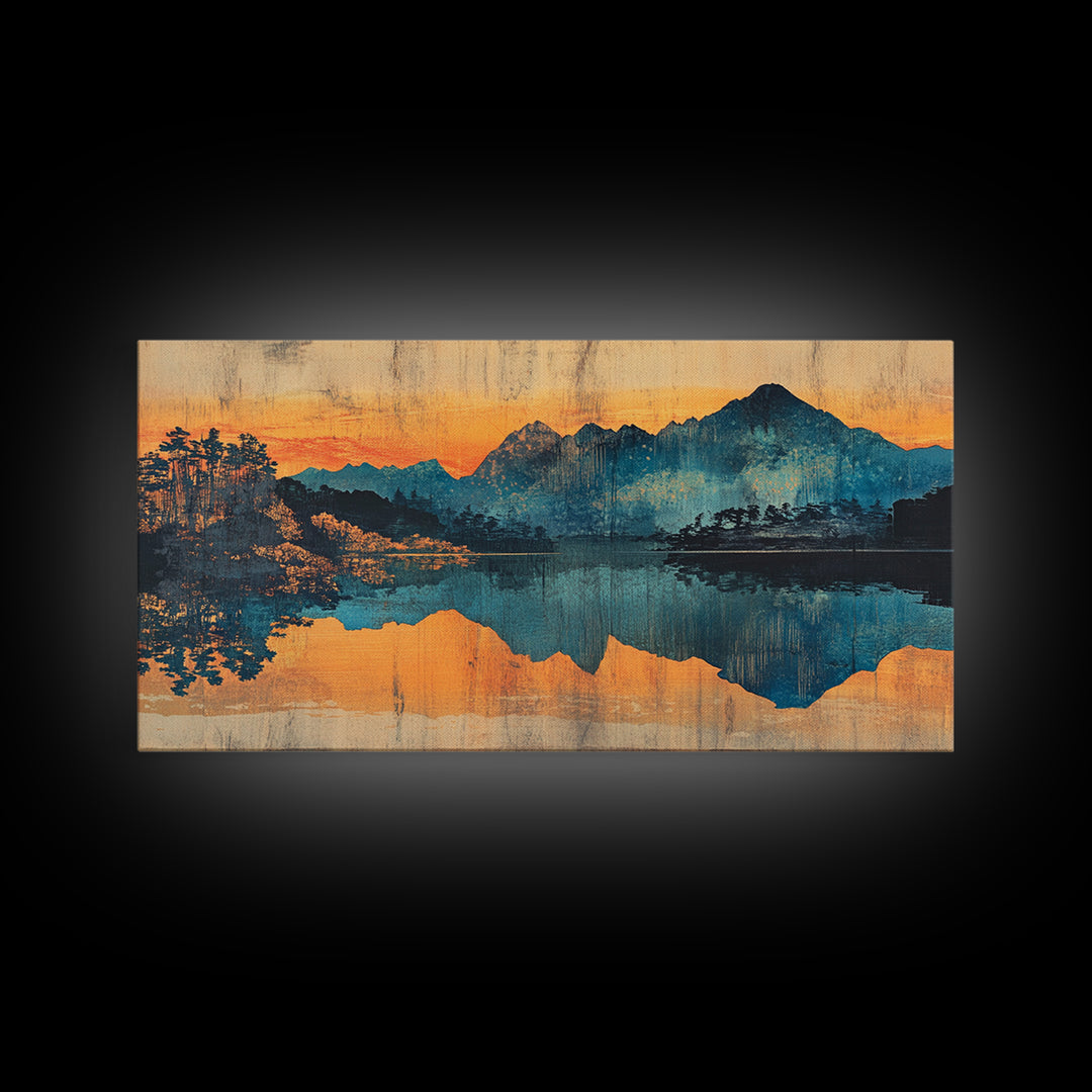 Moody Mountain Lake Reflection Wall Art, Blue Orange Landscape Canvas Print, Rustic Cabin Decor, Large Living Room Art Gift