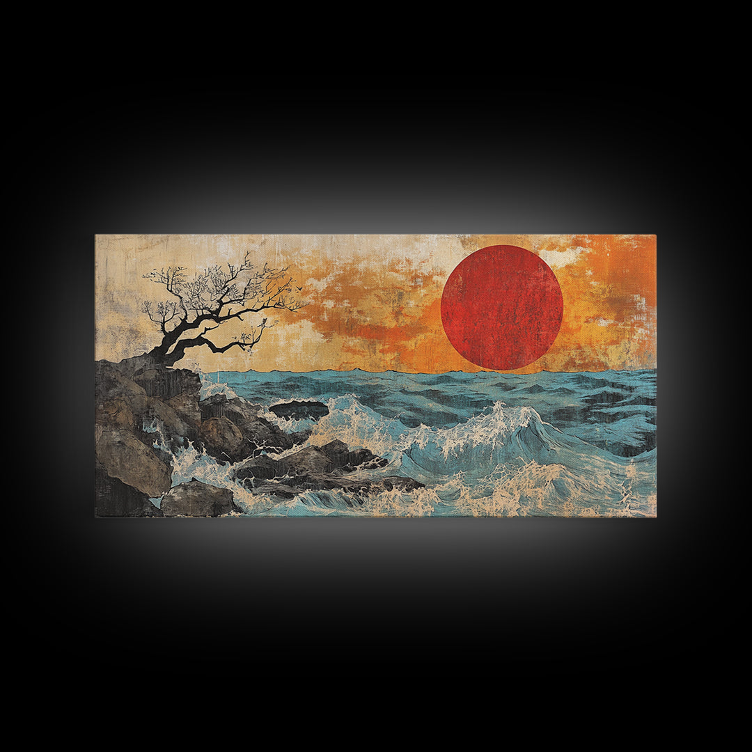 Rocky Ocean Red Sun Seascape Wall Art, Coastal Canvas Print, Japanese Style Wave Decor, Beach House Living Room Housewarming Gift