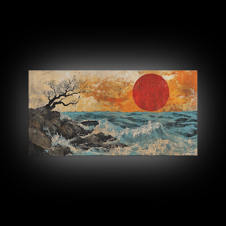 Rocky Ocean Red Sun Seascape Wall Art, Coastal Canvas Print, Japanese Style Wave Decor, Beach House Living Room Housewarming Gift