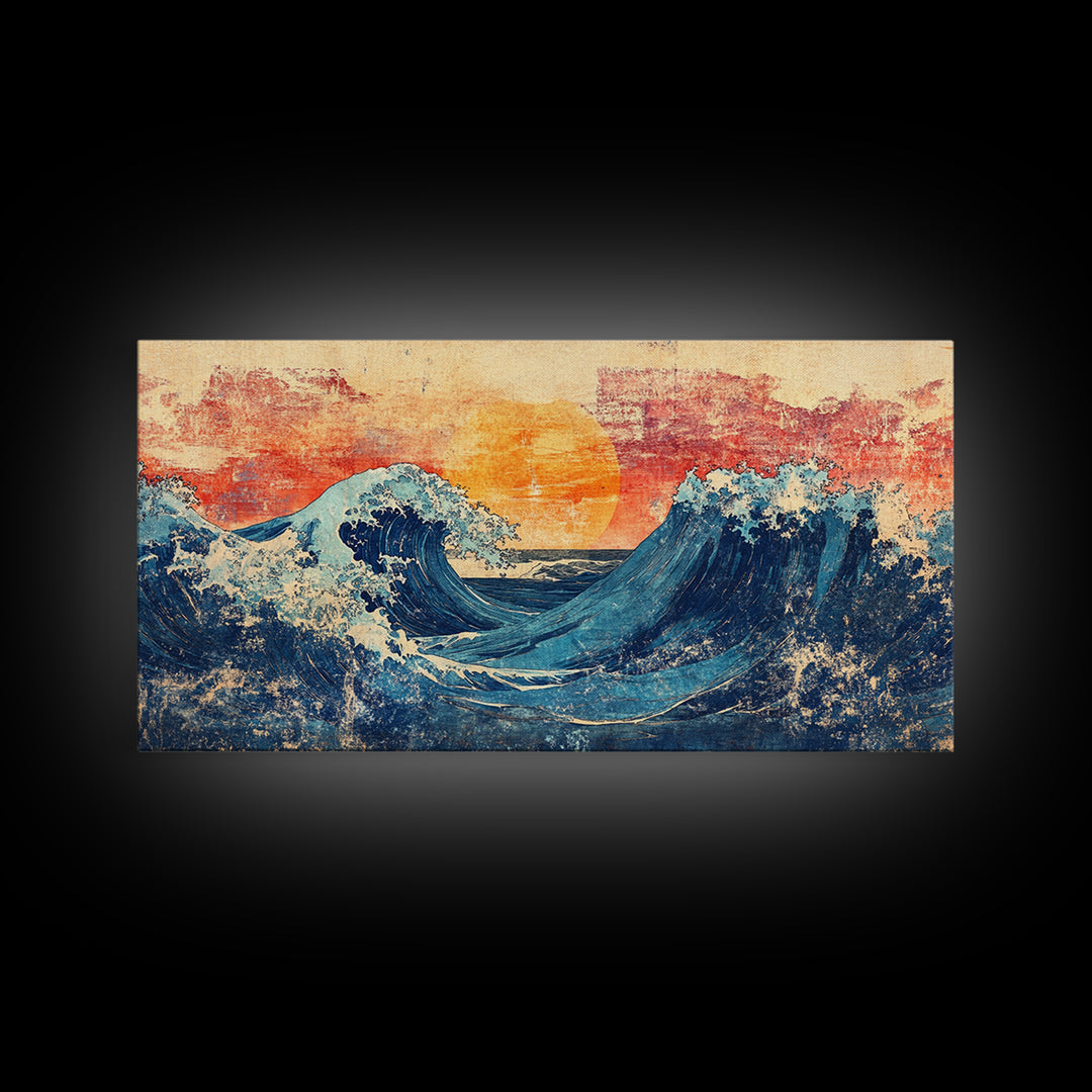 Sunset Ocean Waves, Japanese Seascape Canvas Print, Coastal Wall Art, Nautical Decor, Beach House Living Room Print, Housewarming Gift