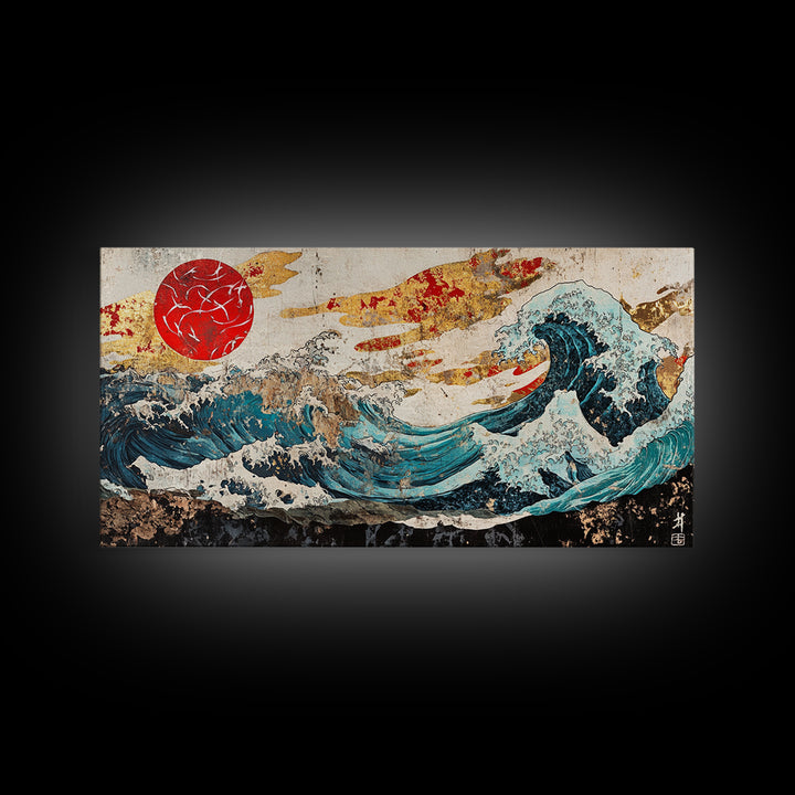 Red Sun Great Wave, Japanese Ocean Framed Canvas Print, Ukiyo E Wall Art, Coastal Decor, Large Living Room Statement Art