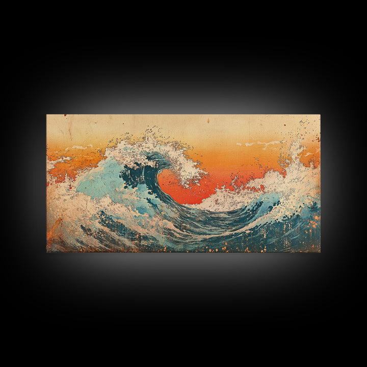 Curling Turquoise Wave, Orange Sky Canvas Print, Japanese Ocean Wall Art, Coastal Bathroom Decor, Beach House Gift, Living Room Decor