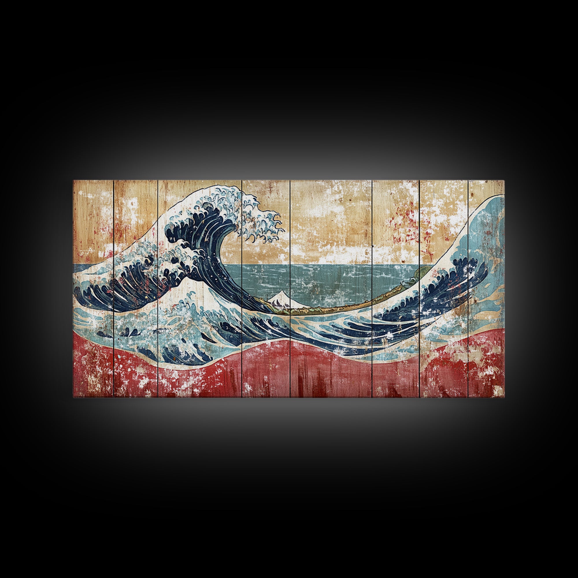Great Wave Wood Panel, Mount Fuji Framed Canvas Print, Japanese Wall Art, Coastal Decor, Large Horizontal Living Room Art